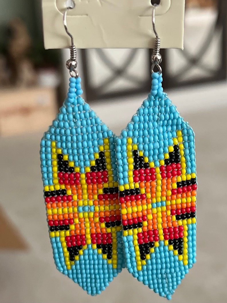 Native Aztec Tribal Seed Bead Banner Earrings Turquoise Cedar Hill Country Market