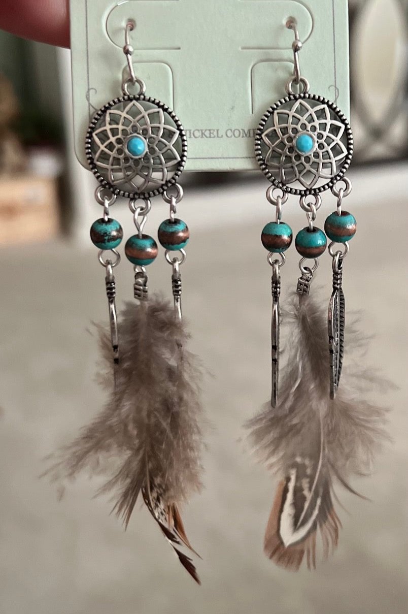 Dream Catcher Navajo Feather Beads Dangle Earrings CedarHill Country Market