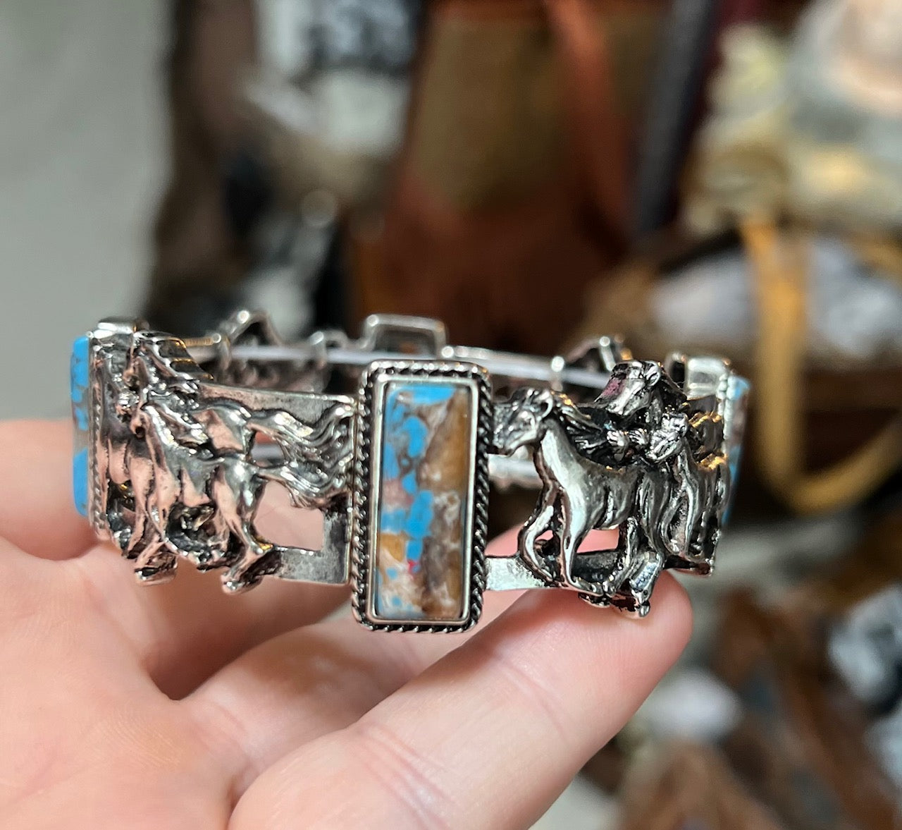 Horses Western Bisbee Turquoise Stretch Bracelet CedarHill Country Market