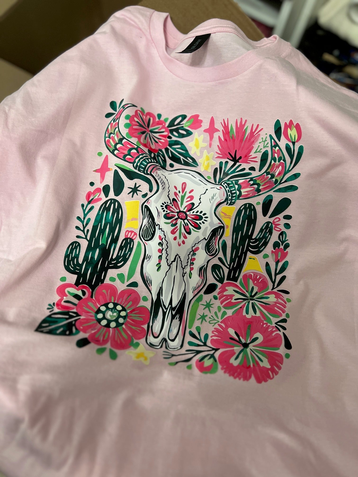 Western Themed Floral Pink Bull Skull TShirt Cedar Hill Country Market