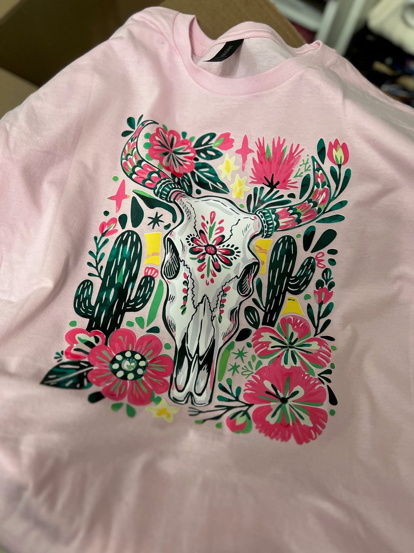 Western Themed Floral Pink Bull Skull TShirt Cedar Hill Country Market