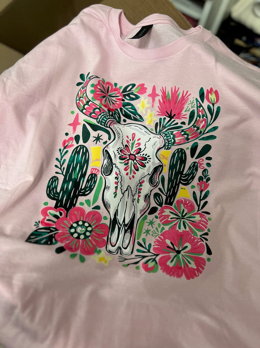 Western Themed Floral Pink Bull Skull TShirt Cedar Hill Country Market