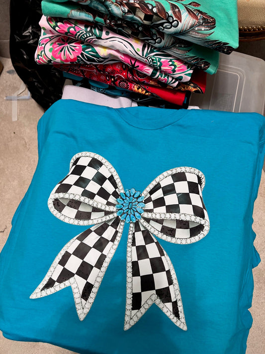Western Themed Checkered Concho Bow Turquoise TShirt Cedar Hill Country Market
