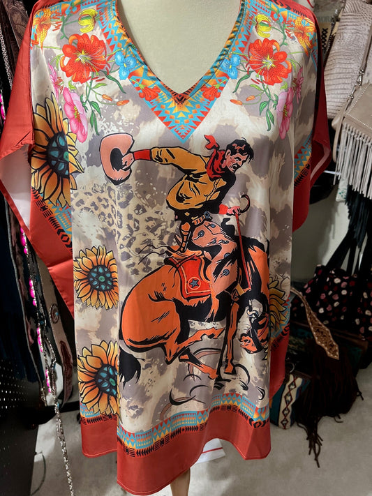 Western Themed Bucking Bronco Scarf Blouse - Oversized Cedar Hill Country Market