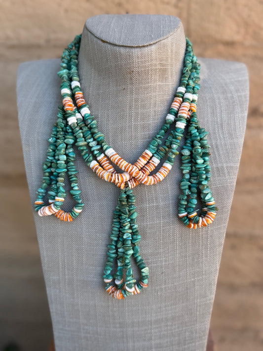 Handcrafted Turquoise & Spiny Triple Jacla Beaded Necklace 24" Nizhoni Traders LLC