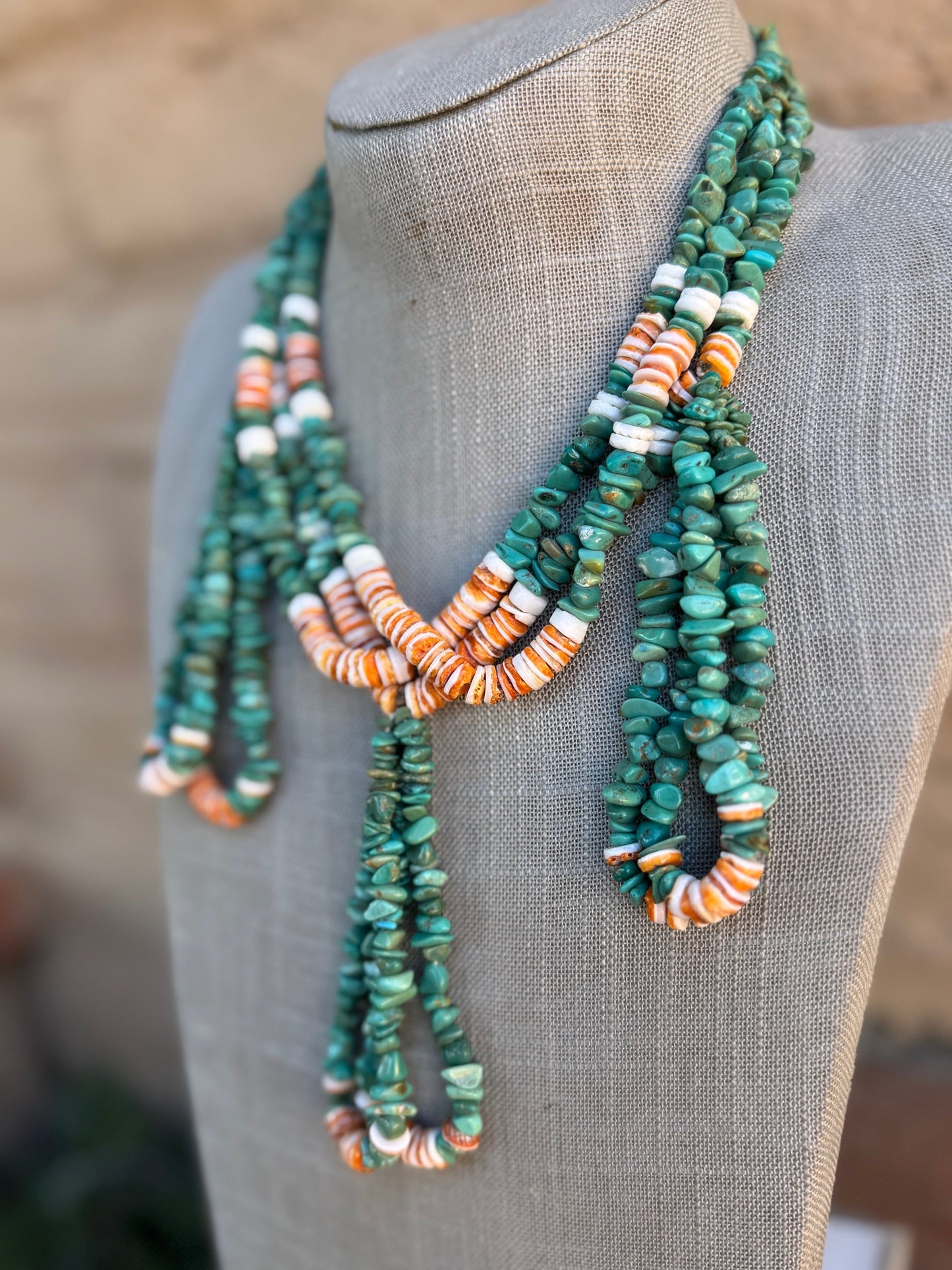 Handcrafted Turquoise & Spiny Triple Jacla Beaded Necklace 24" Nizhoni Traders LLC