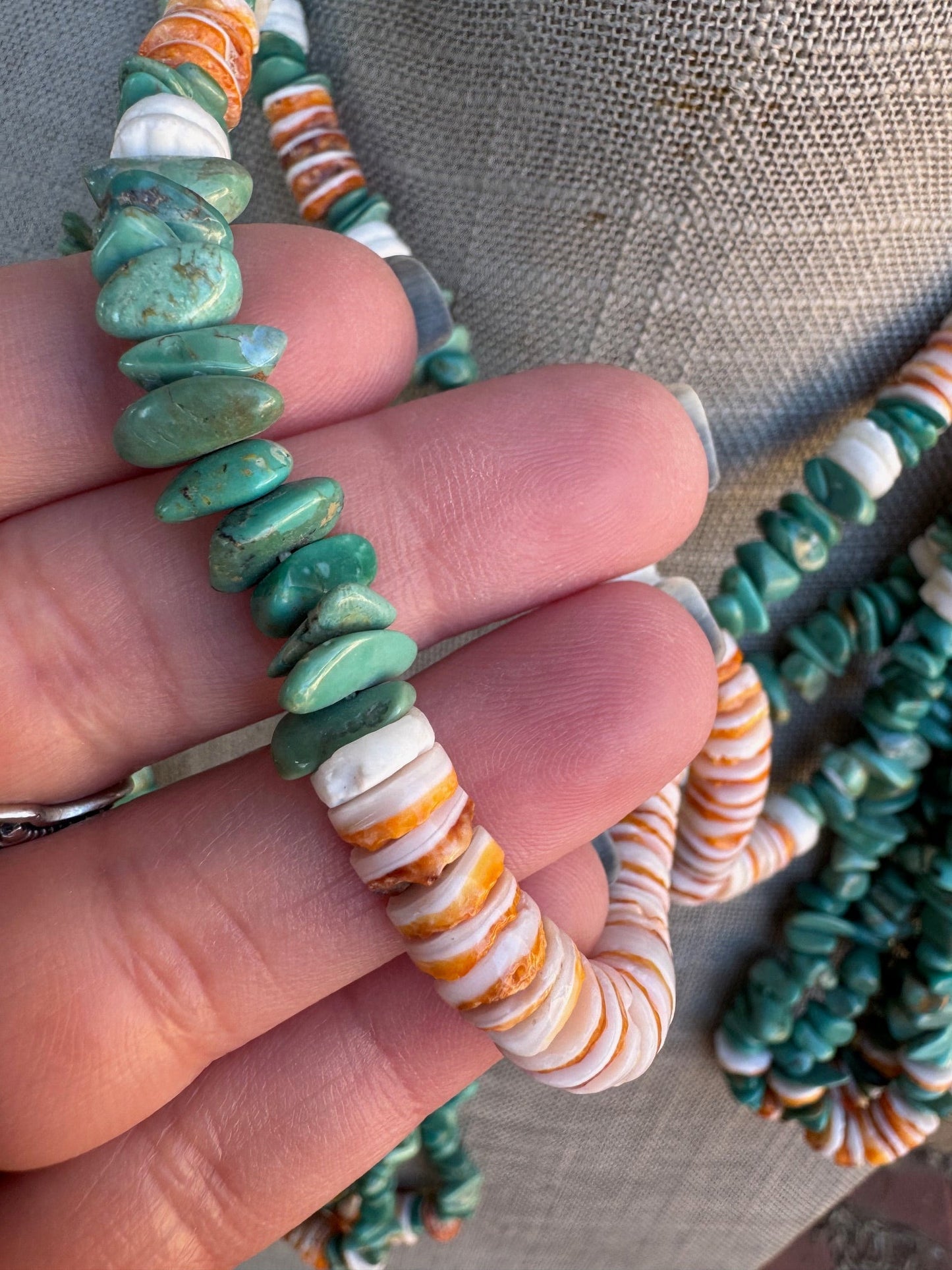 Handcrafted Turquoise & Spiny Triple Jacla Beaded Necklace 24" Nizhoni Traders LLC