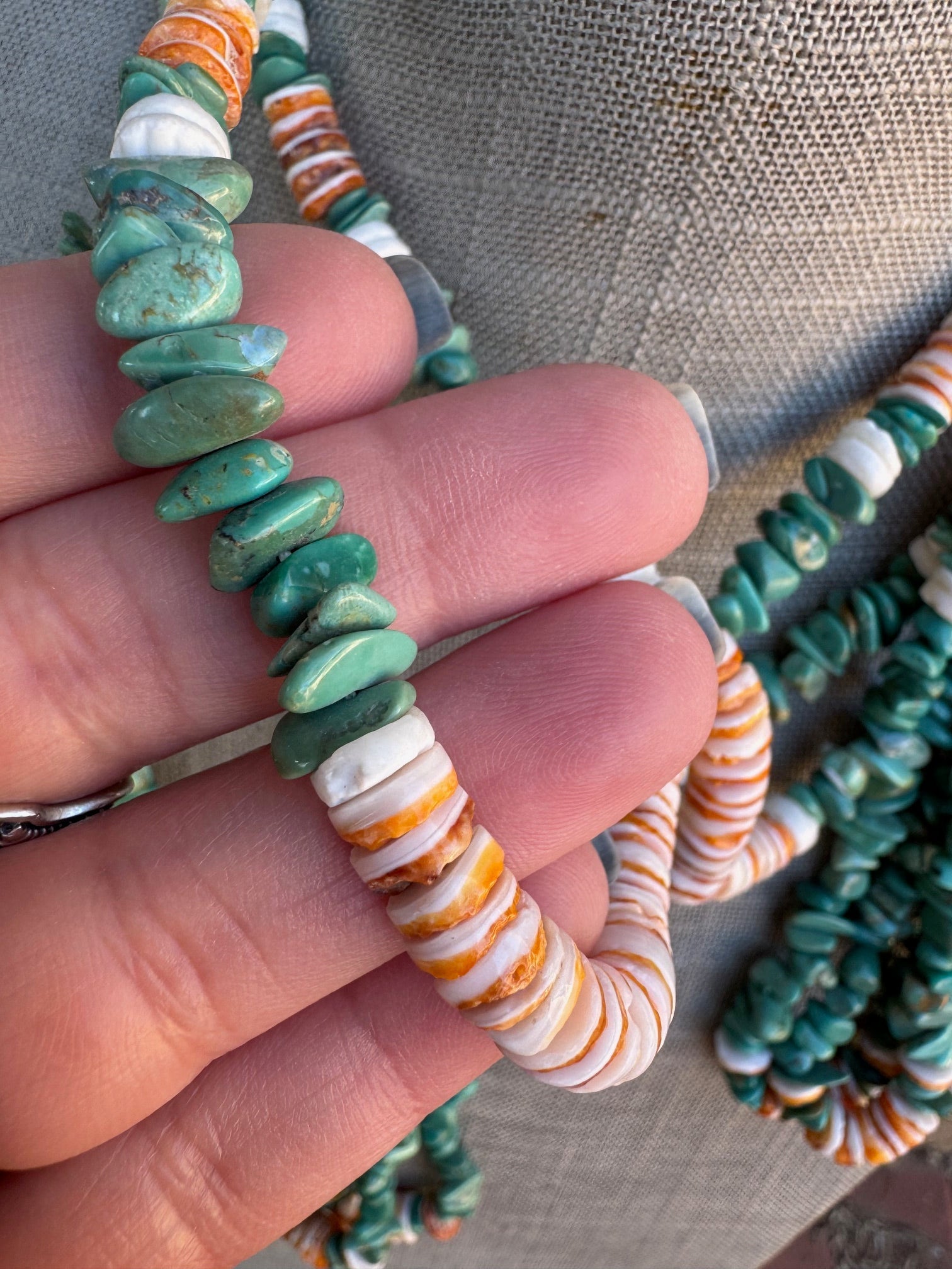 Handcrafted Turquoise & Spiny Triple Jacla Beaded Necklace 24" Nizhoni Traders LLC