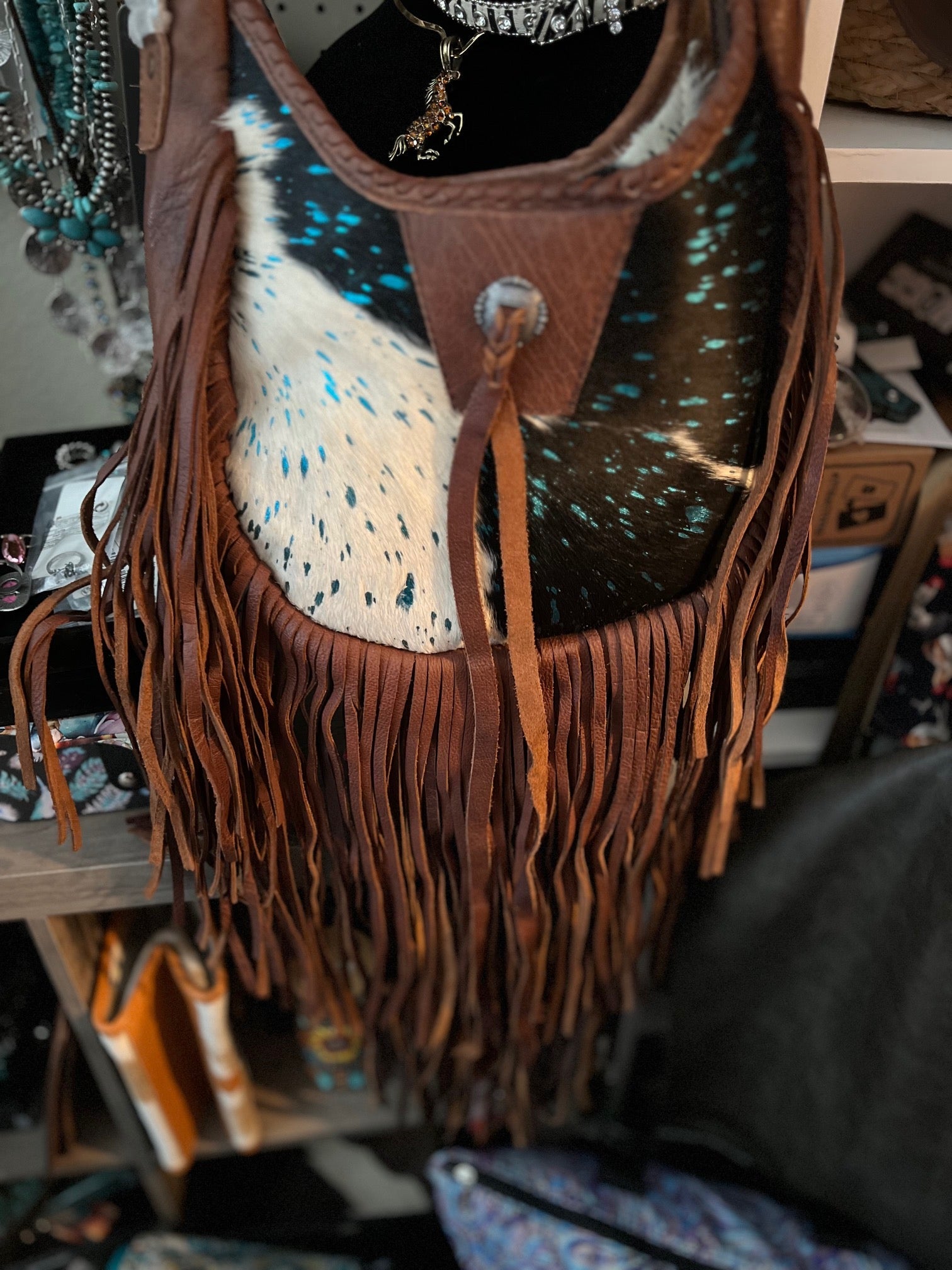 Hair-On Cowhide Hobo Bag with Fringe Tooled Leather Western Shoulder Bag Cedar Hill Country Market
