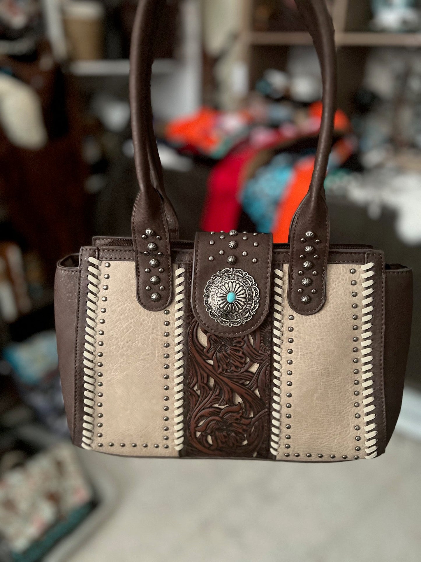 MW - Concho PU Leather Tan Laser Cut Handbag Cedar Hill Country Market