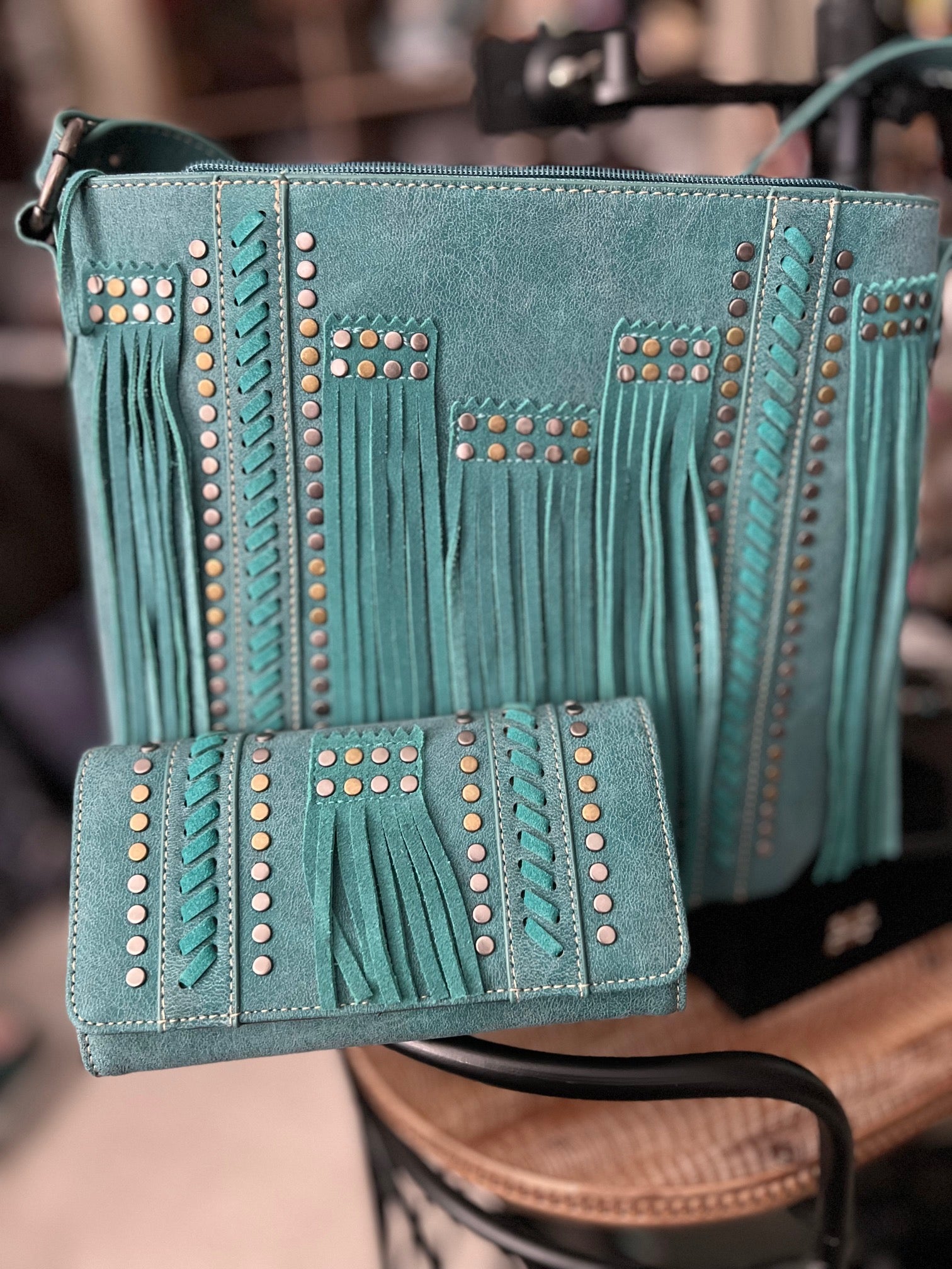 MW Turquoise Faux Suede Studded Handbag with Wallet Cedar Hill Country Market