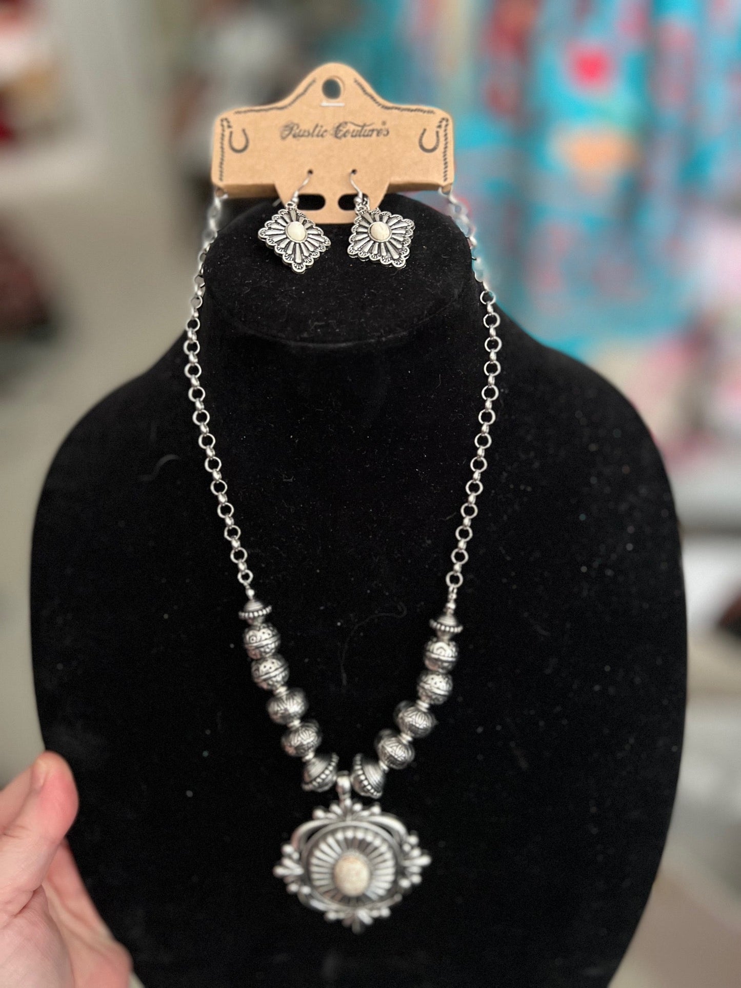 Navajo Inspired Silver Concho Pendant Necklace Set Cedar Hill Country Market