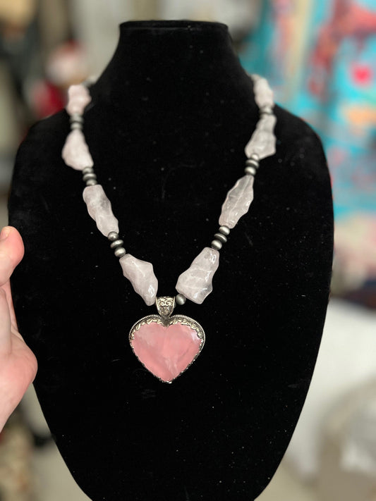 Pink Quartz and Silver Pearl Statement Heart Pendant Necklace Cedar Hill Country Market