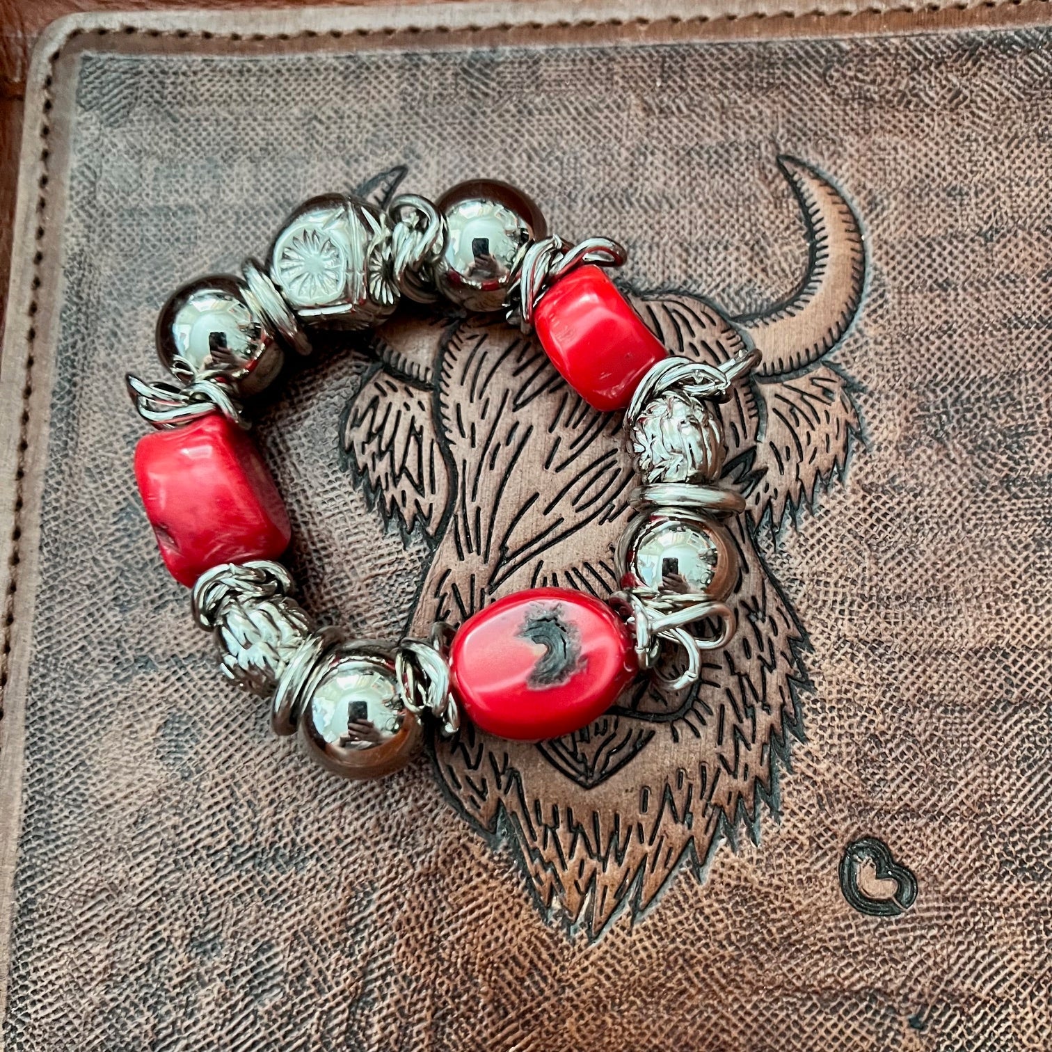 Red Fashion Coral and Silver Stretch Bracelet Cedar Hill Country Market