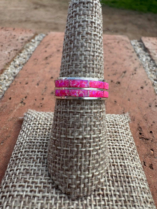 Handcrafted Sterling Silver & Hot Pink Fire Opal Double Row Inlay Band Ring Nizhoni Traders LLC