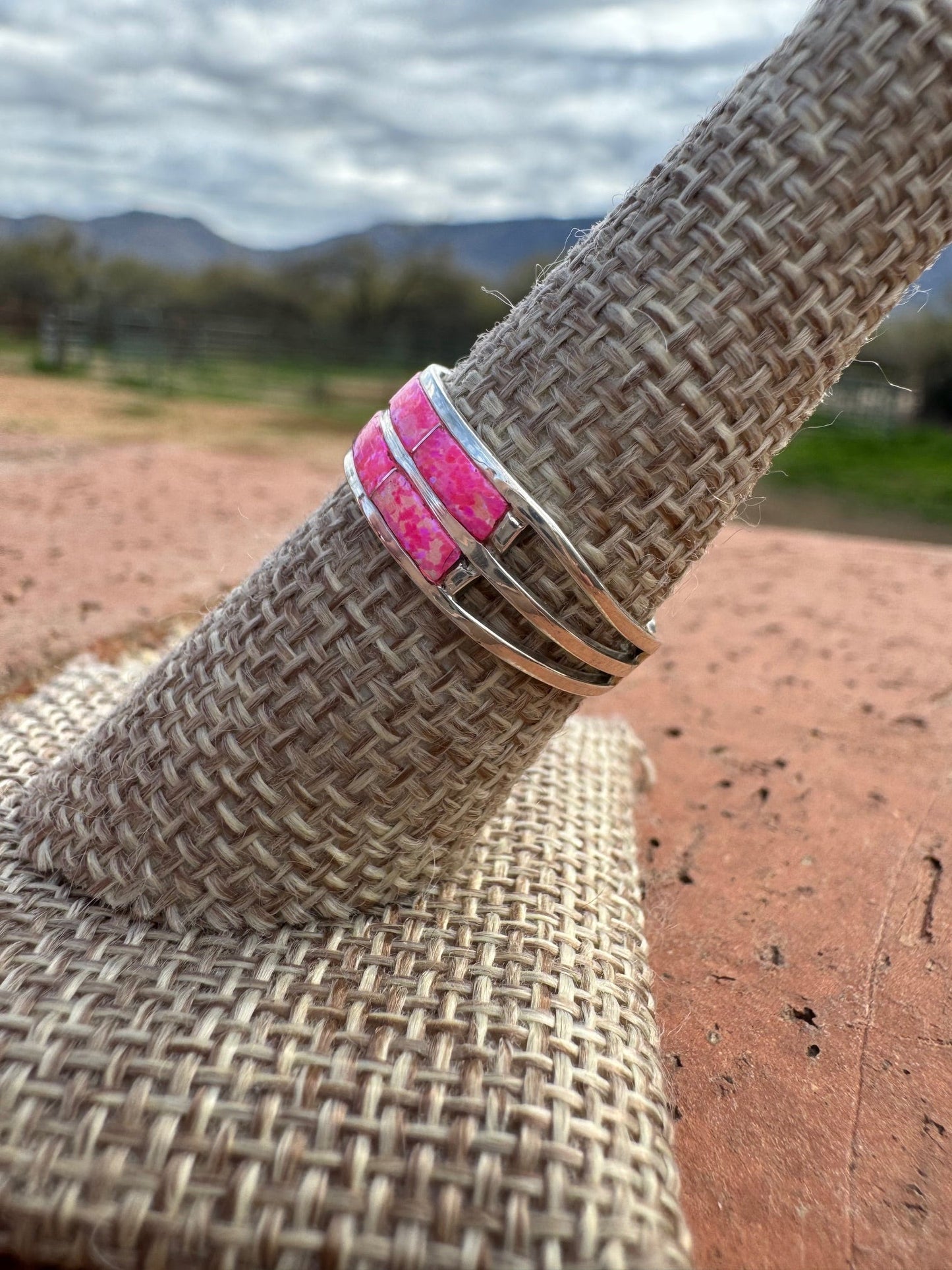 Handcrafted Sterling Silver & Hot Pink Fire Opal Double Row Inlay Band Ring Nizhoni Traders LLC
