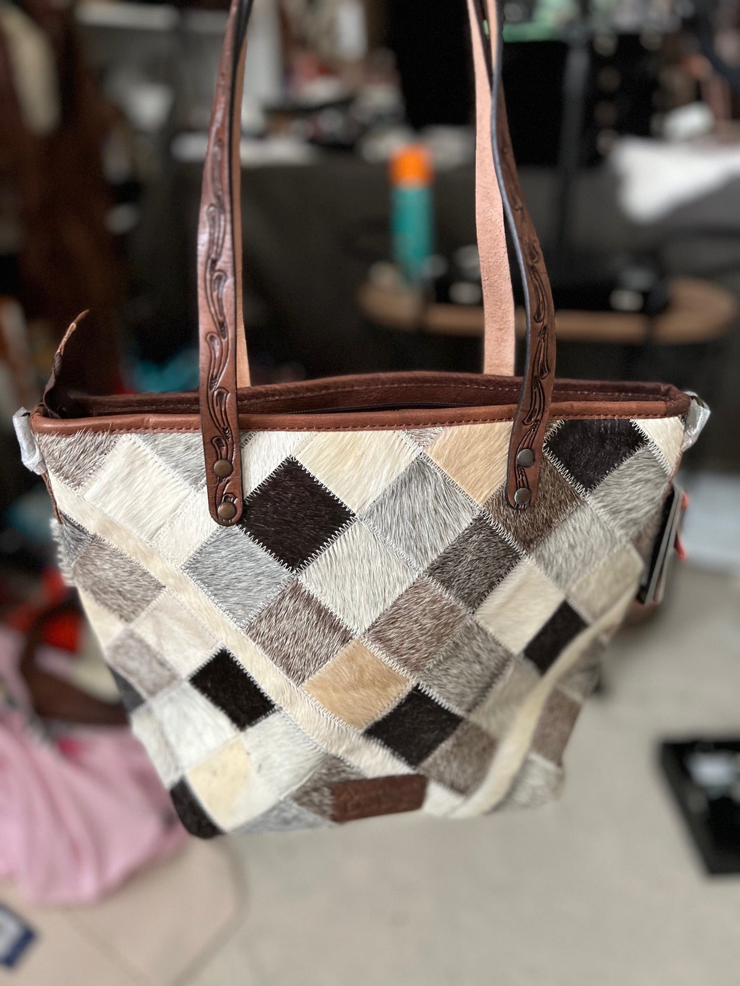 Cowhide Tote Bag with Tooled Leather Handles 2053 Cedar Hill Country Market