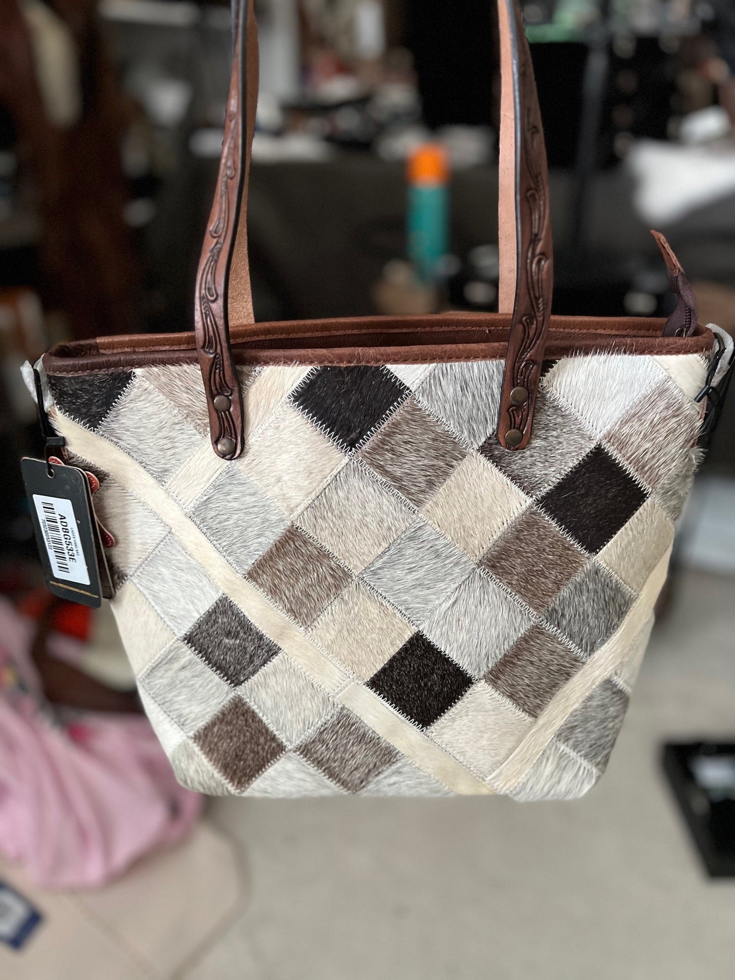 Cowhide Tote Bag with Tooled Leather Handles Cedar Hill Country Market
