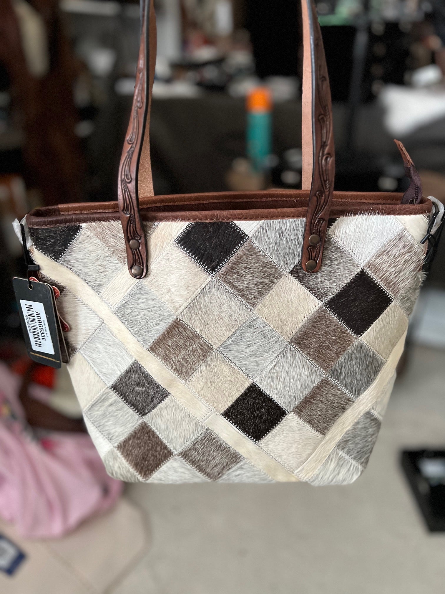 Cowhide Tote Bag with Tooled Leather Handles Cedar Hill Country Market