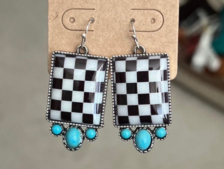Black and White Checkered Block Turquoise Earrings Cedar Hill Country Market