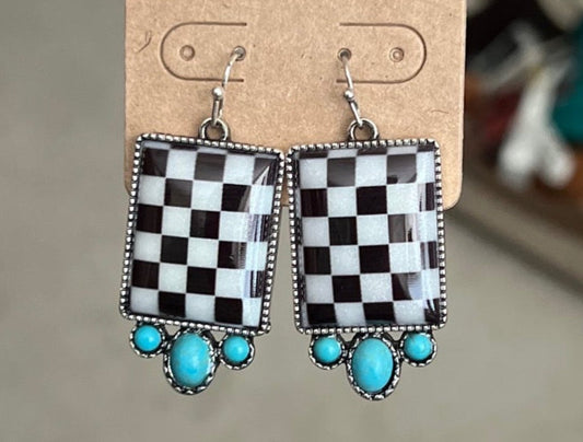 Black and White Checkered Block Turquoise Earrings Cedar Hill Country Market