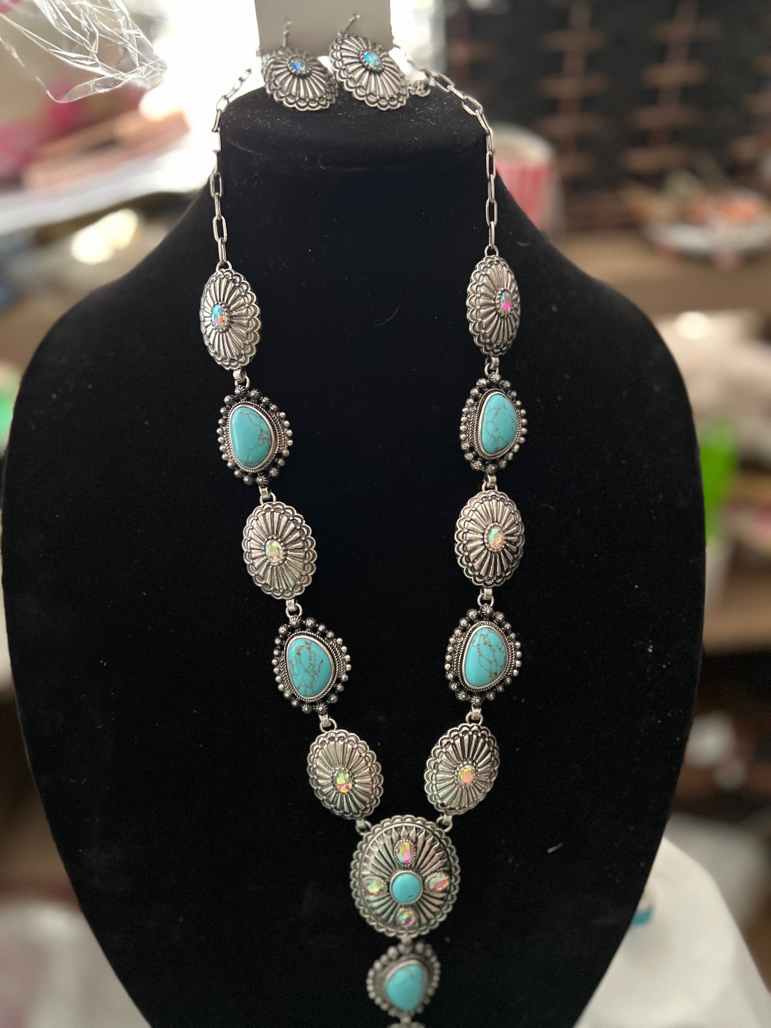 Fashion Turquoise and Silver Concho Necklace Set Cedar Hill Country Market