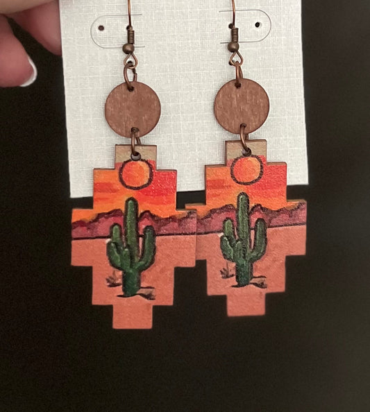 Hand Painted Cactus Wood Dangle Earrings Cedar Hill Country Market