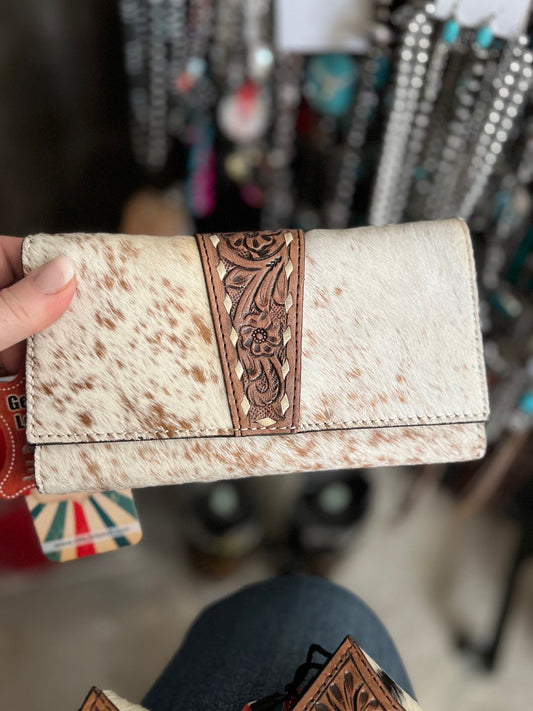 Genuine Cowhide and Hand Tooled Leather Full Size Womens Wallet Cedar Hill Country Market