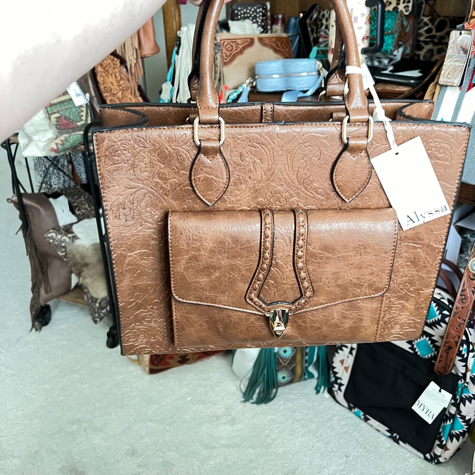 Brown Western Vegan Leather Handbag with exterior pocket and two straps CedarHill Country Market