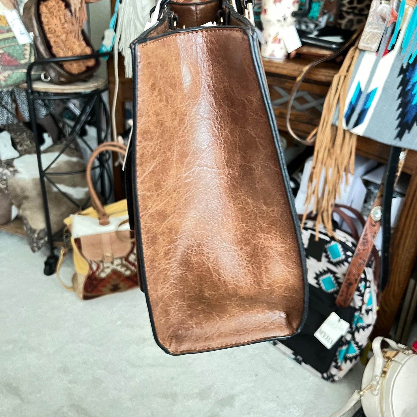 Brown Western Vegan Leather Handbag with exterior pocket and two straps CedarHill Country Market