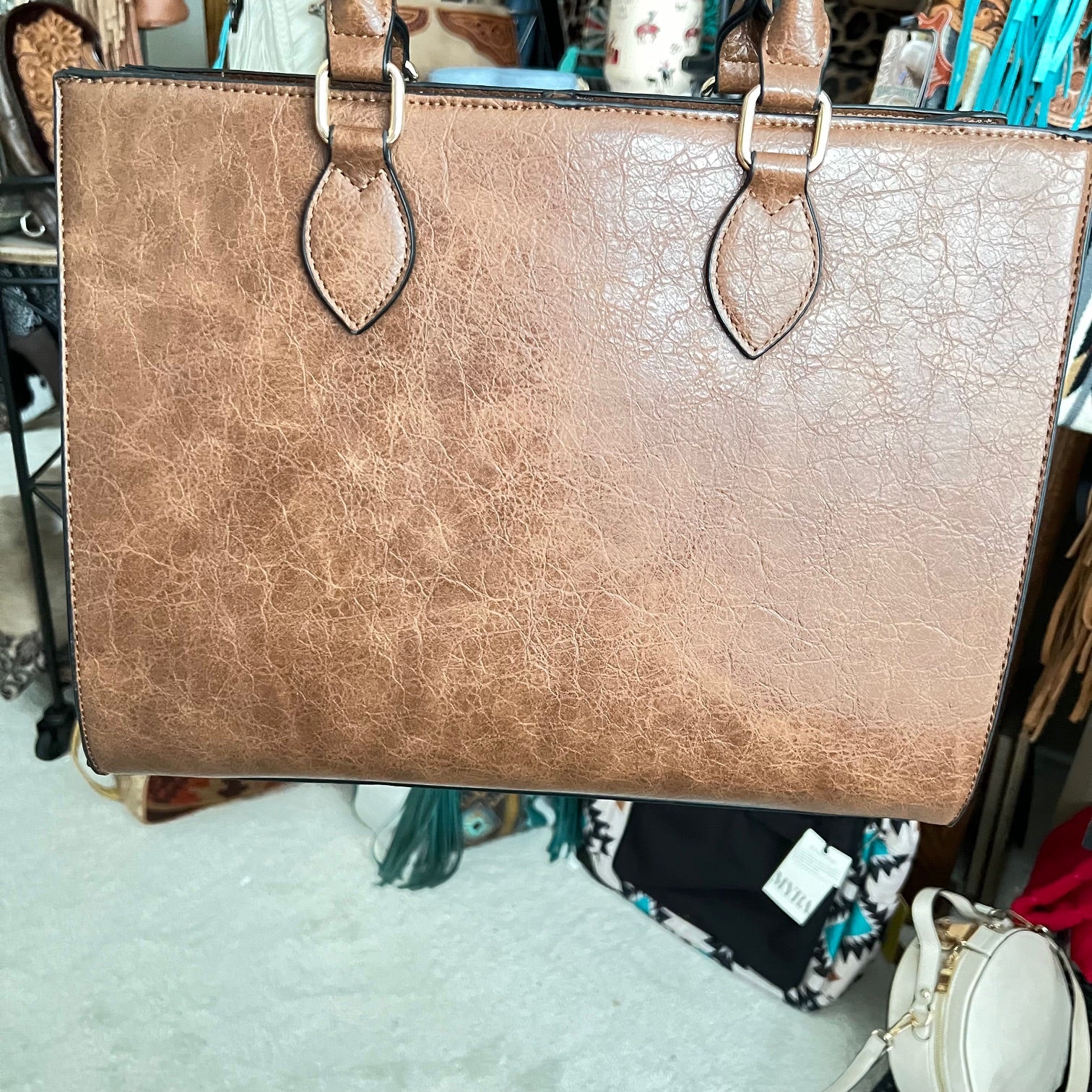 Brown Western Vegan Leather Handbag with exterior pocket and two straps CedarHill Country Market