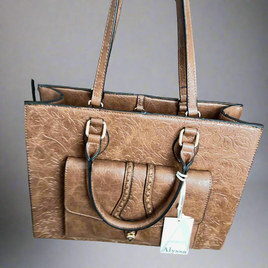 Brown Western Vegan Leather Handbag with exterior pocket and two straps CedarHill Country Market