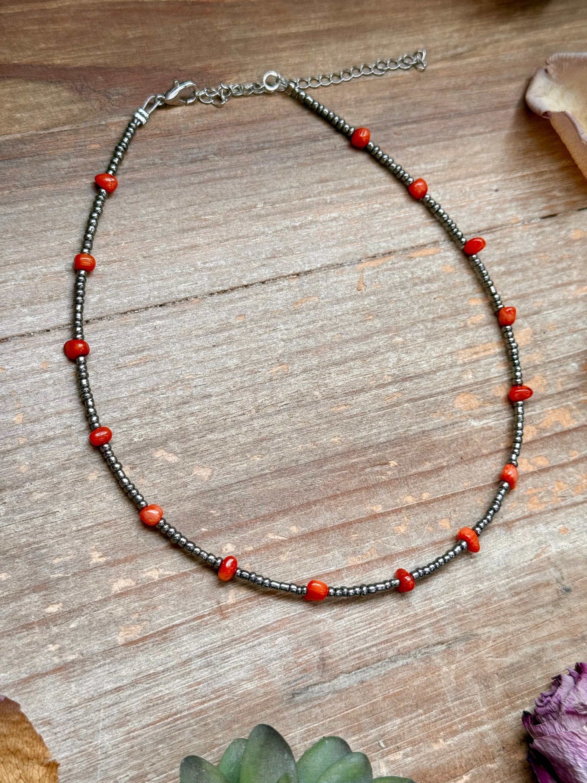 Antique Silver Seed Bead & Dyed Red Coral Choker – 14” The Bijoux FAB Jewelry