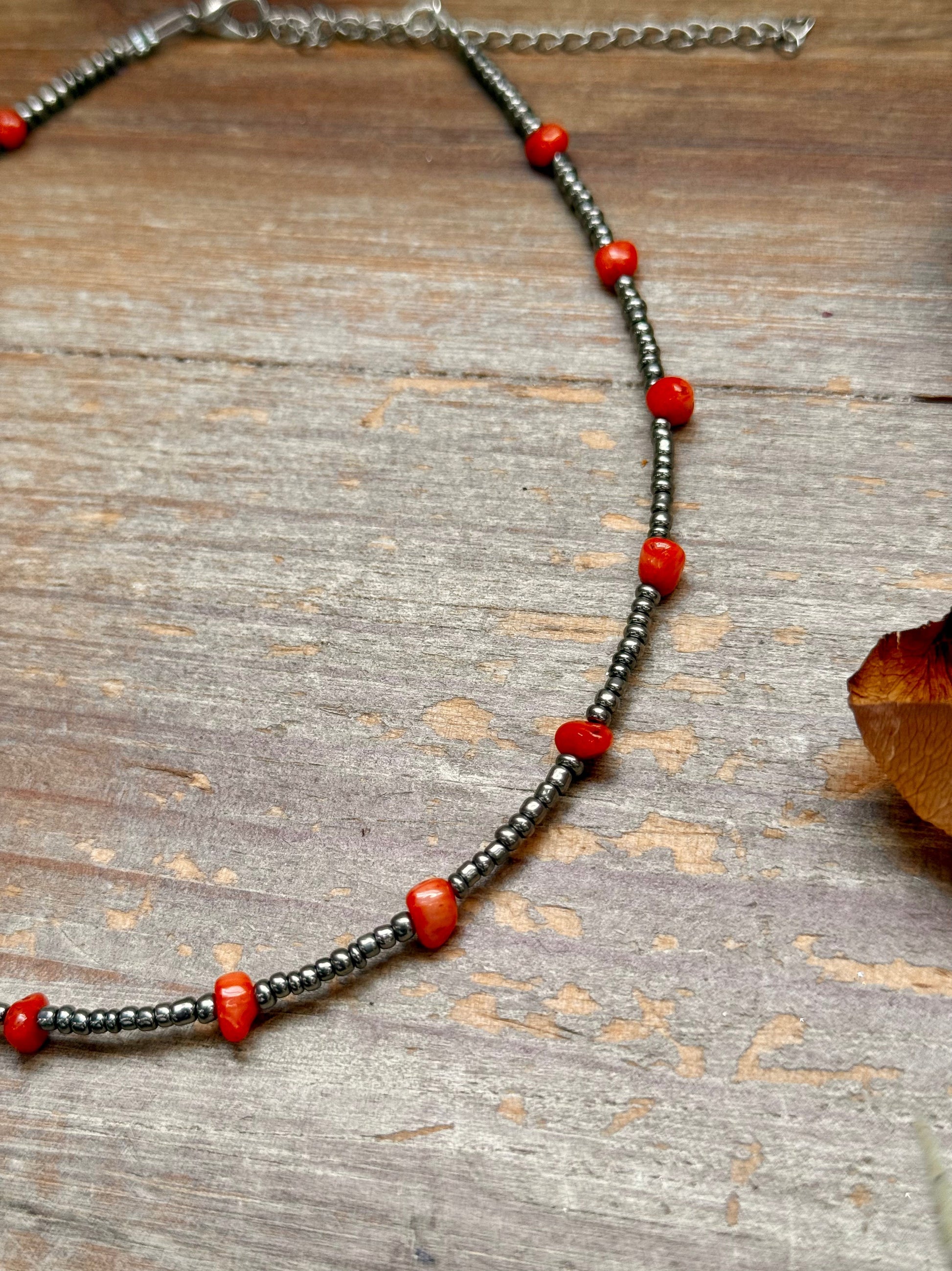 Antique Silver Seed Bead & Dyed Red Coral Choker – 14” The Bijoux FAB Jewelry