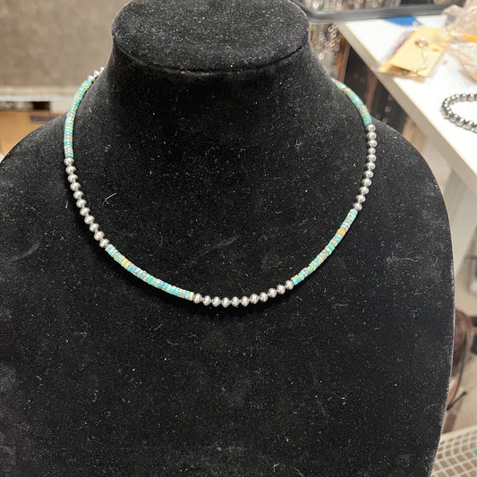 18 Inch 5 mm Sterling Silver Pearls necklace with turquoise rondelle (Blue) 0452 Cedar Hill Country Market