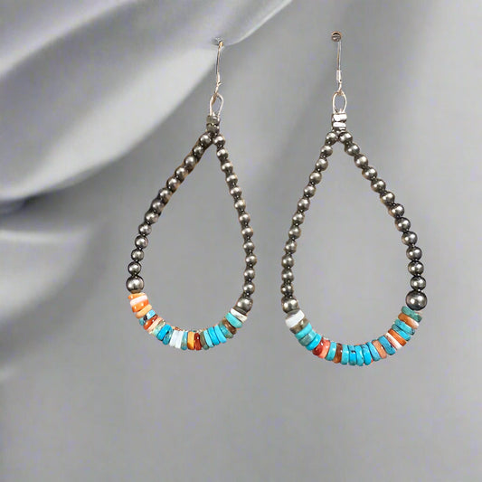 Hand strung Genuine Sterling Silver Pearl and Multi Mix Turquoise Hoop Earrings - 1050 Cedar Hill Country Market