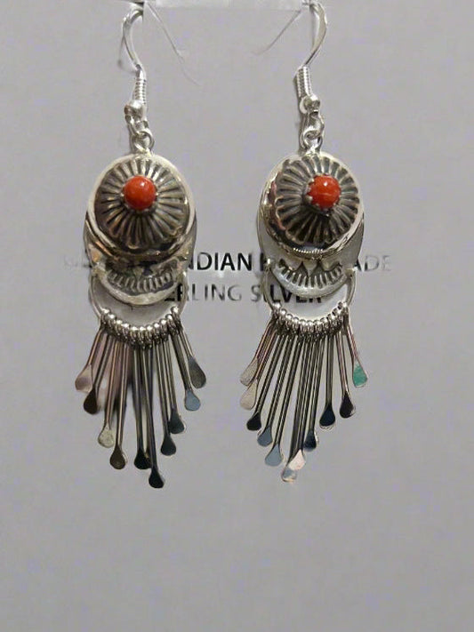 Genuine Sterling Silver and Coral Native American Handmade Dreamcatcher Earrings - 1046 Cedar Hill Country Market