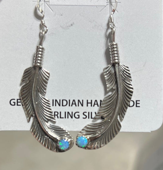 Genuine Native American Handmade Sterling Silver Fire Opal Feather Earrings - 1049 Cedar Hill Country Market