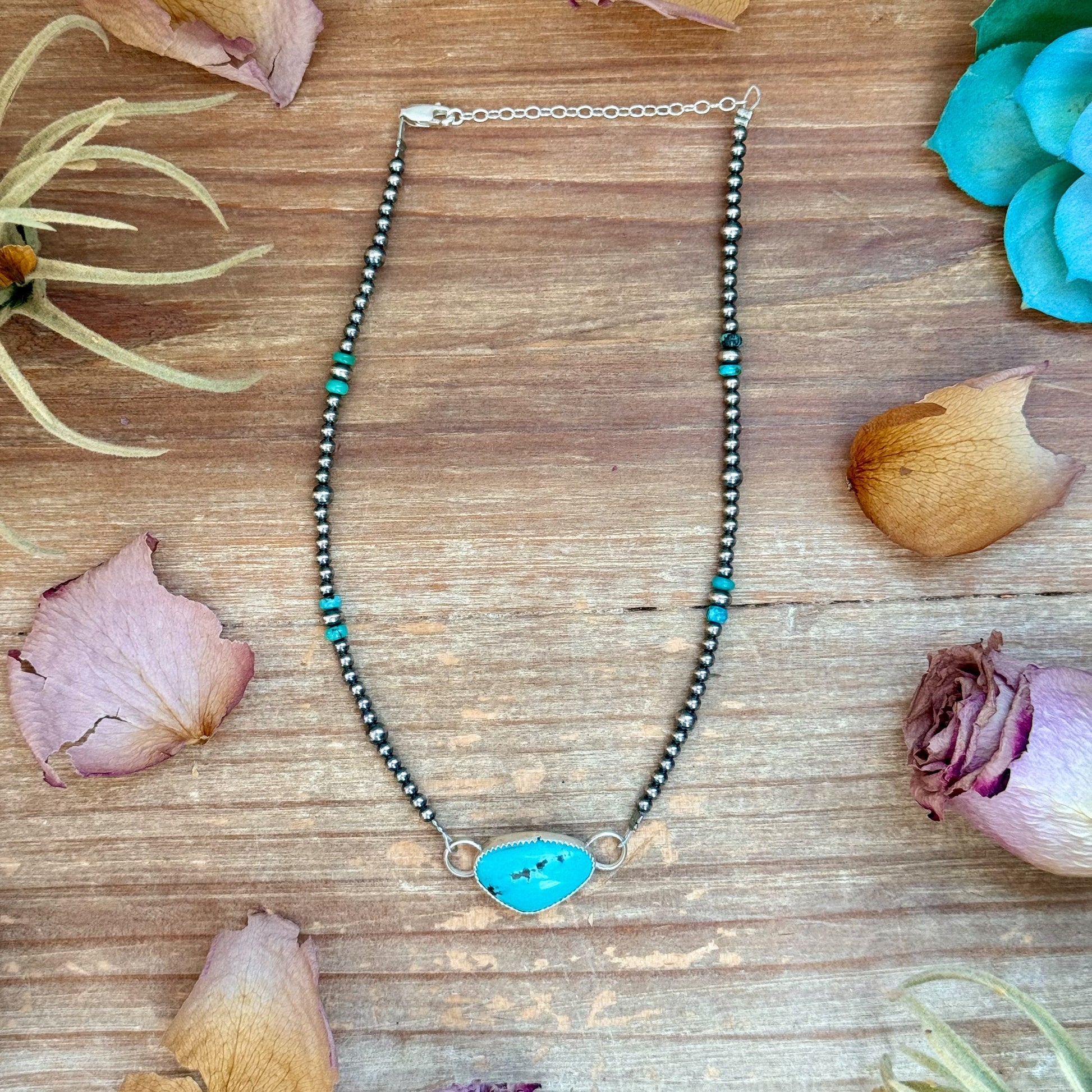 Sterling Silver Pearl & Turquoise Choker – 13” + 2” Extender – In-House Silversmithing – One of a Kind The Bijoux FAB Jewelry