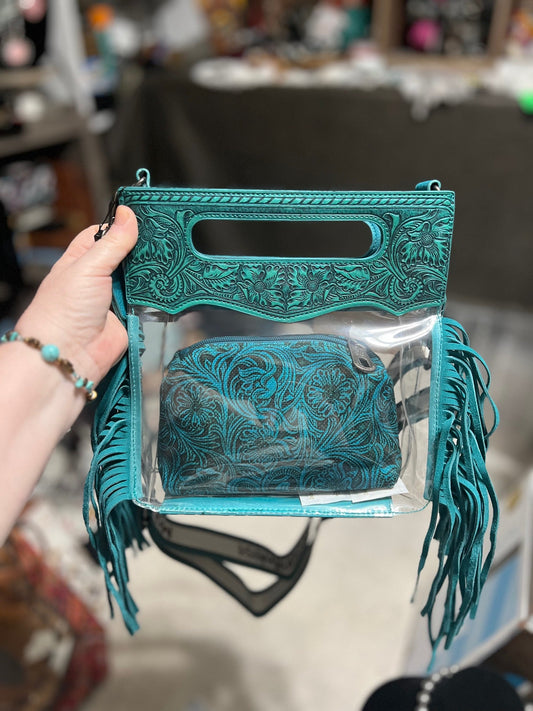 Stadium Turquoise Clear Fringe Crossbody Handbag with Make up Bag - 861 Cedar Hill Country Market