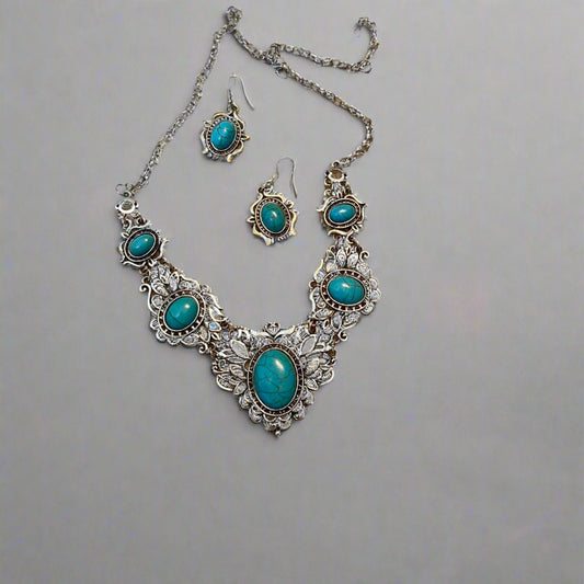 Turquoise and Silver Plated Necklace and Earring Set Cedar Hill Country Market