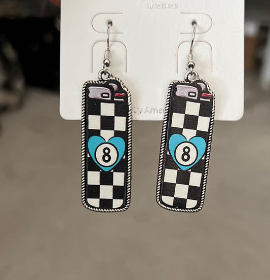 Black and White Checkered Eight Ball Bar Earrings Cedar Hill Country Market
