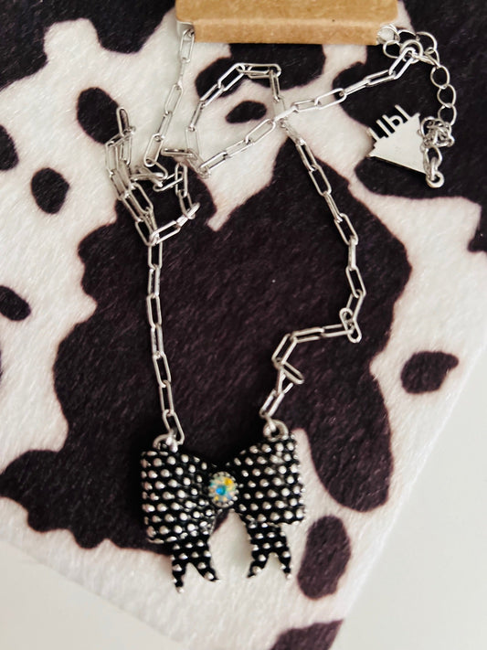 Black AB Bow 18 inch Necklace on Paperclip chain Cedar Hill Country Market