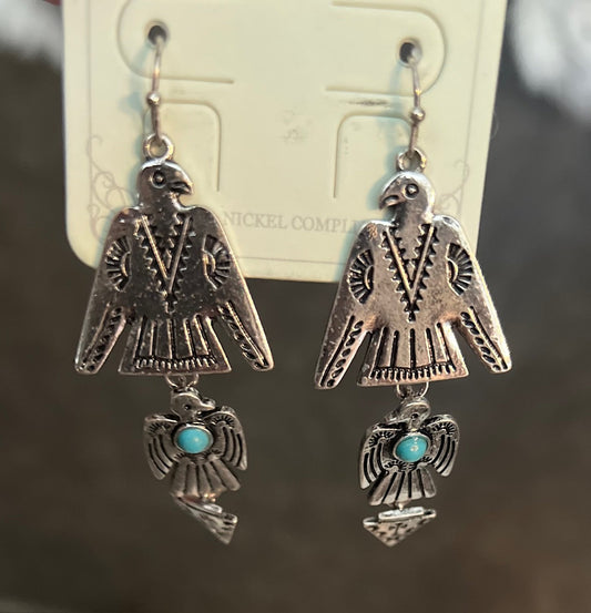 Fashion Silver and Turquoise Thunderbird Dangle Earrings 0994 CedarHill Country Market