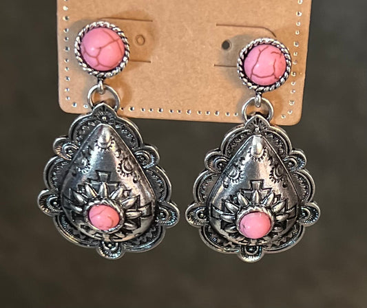 Western Teardrop Silver and Pink Earrings 1001 CedarHill Country Market