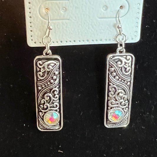 AB Stone Embellished Silver Bar Earrings 1010 CedarHill Country Market