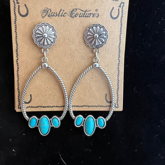 Rustic Couture's Silver/Turquoise Teardrop Hoop Earrings 1018 CedarHill Country Market