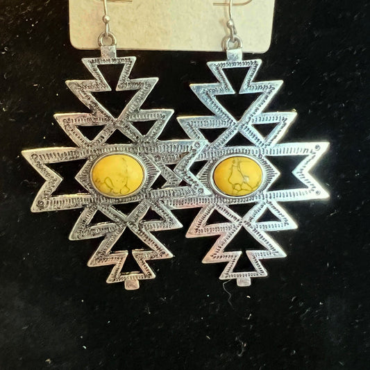Silver and Yellow Aztec Dangle Earrings 1009 CedarHill Country Market