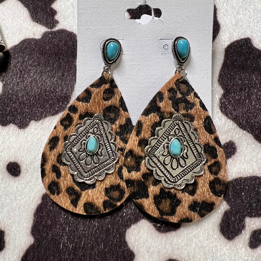 Faux Hide Leopard & Turquoise Dangle Earrings 1023 CedarHill Country Market