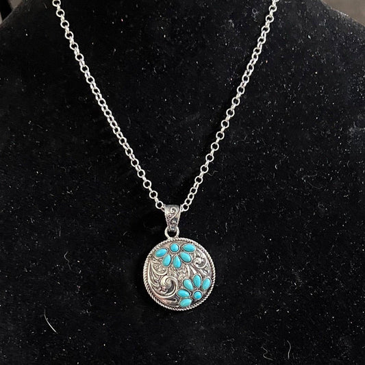 Boho Ranch Silver/Turquoise Floral Pendant Necklace 0713 CedarHill Country Market